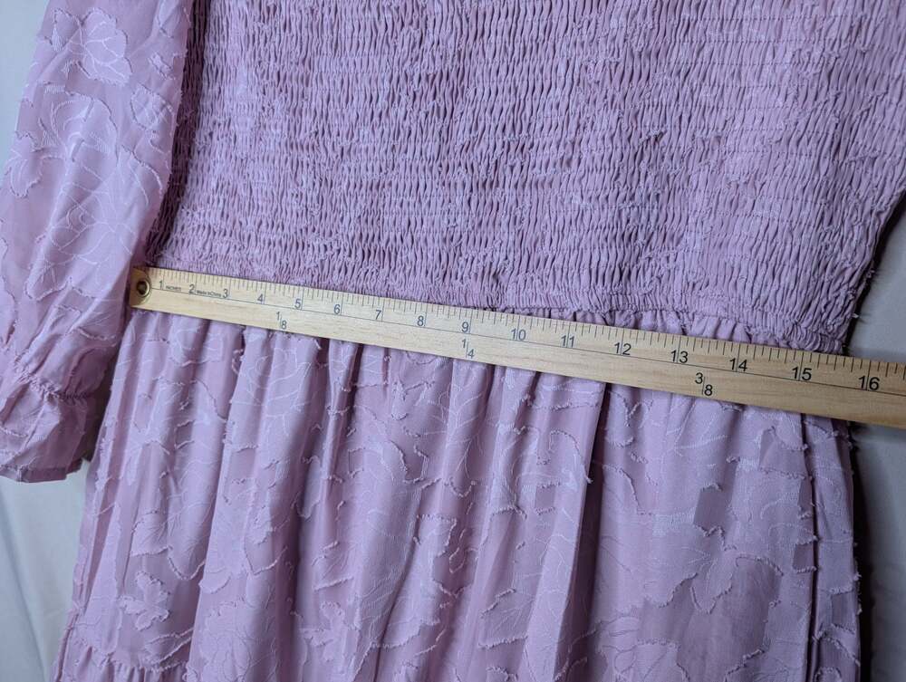 Women's V-Neck Smocked Textured Floral Midi Dress in Lavender - Picture 3 of 8